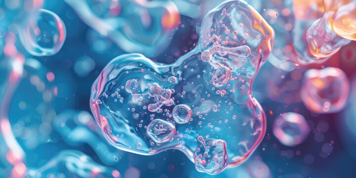 Abstract Microscopic Amoebas in Vivid Colors. Close-up 3D rendering of amoeba with translucent bubbles, macro view, scientific and educational use.