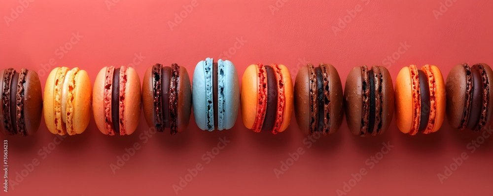 Poster creating a delectable and colorful display with vibrant chocolate macaroons. concept chocolate macar