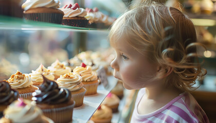 a little girl looking at cupcakes - obrazy, fototapety, plakaty