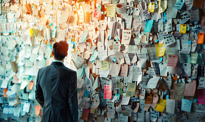 A picture of man standing in front of a wall covered in sticky notes, back view, creative concept...