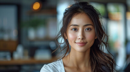 A close-up portrait of a successful Asian young woman
