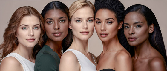 Fototapeta premium Diverse Beauty Women Showcasing Unity in Fashion Wallpaper Background Poster Card Brainstorming Fabric Model