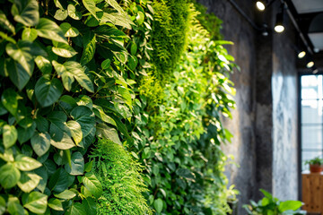 Fresh green vertical plant wall in office interior. Urban gardening landscape interior design.Green living room wall with perennials in modern office. 