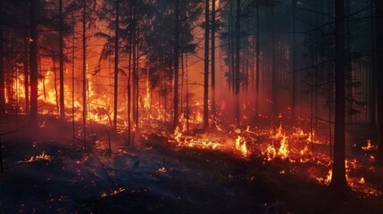 Fototapeta premium A haunting view of a forest ablaze with fire, illuminating the night with fierce orange flames, highlighting the severity of wildfires
