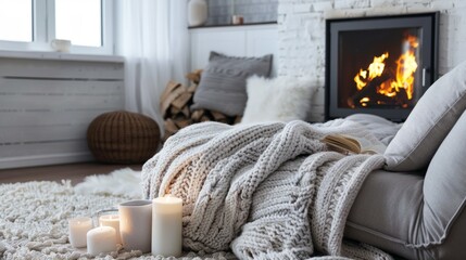 Cozy snug home interior - warm and inviting living space highlighted by a roaring fireplace, soft candles, and plush knitted blankets, embodying comfort and tranquility