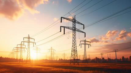 High voltage electric pole and transmission lines - obrazy, fototapety, plakaty