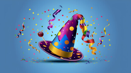 Party hat with falling confetti and bokeh light, greeting card for birthday, new year and carnival, festive event,Party Hat and Other Decorations for April Fools or Birthday Background
 - obrazy, fototapety, plakaty