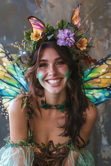 Smiling Fairy with Floral Crown. Happy young woman animator in a fairy costume with a headpiece and wings, copy space.