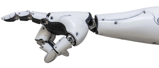 White cyborg AI robotic hand finger pointing.  isolated on transparent background