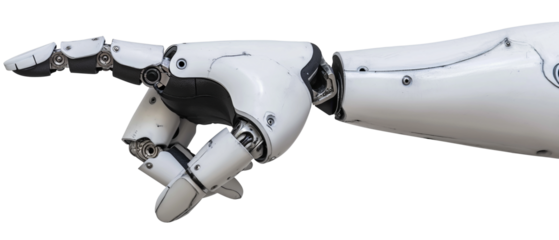 White cyborg AI robotic hand finger pointing.  isolated on transparent background