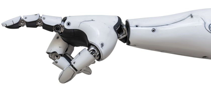 White cyborg AI robotic hand finger pointing.  isolated on transparent background
