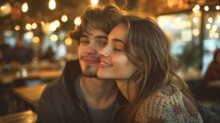Obraz premium Happy young man and woman couple in love sitting together at a table in a cafe