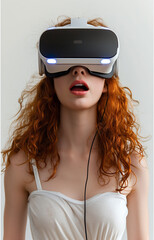 Naklejka premium A beautiful red-haired woman wearing VR glasses on her head, against a white background, VR, AR and digital technology concept