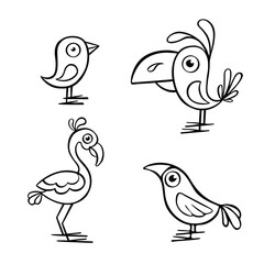 Set of illustrations of various cute birds outline, vector