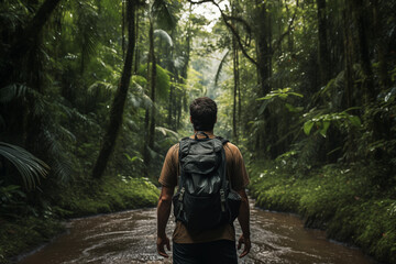 Lone traveler with a backpack walks along a river in a dense tropical forest - obrazy, fototapety, plakaty