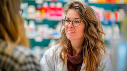 A female pharmacy wearing glasses and talking to her customer in a closeup shot