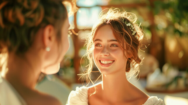 Beautiful bride smiles and chats with guests before entering the wedding ceremony