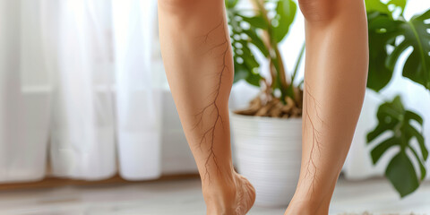 Vein Health Awareness. Detailed illustration of sick varicose veins on female legs, copy space. - obrazy, fototapety, plakaty