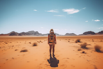 A lone female hiker with a backpack gazes at the desert dunes under a clear sky