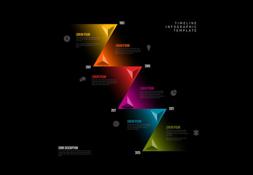 Infographic dark vertical timeline template with left and right triangle arrows on color gradient time line