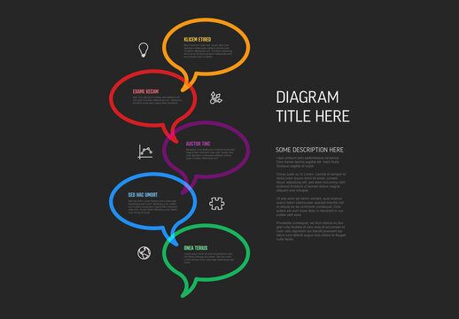 Five simple colorful steps in speech bubbles dark vertical process infographic template