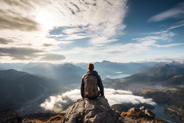 Lone traveler sits atop a mountain, gazing at the majestic landscape beneath the clouds