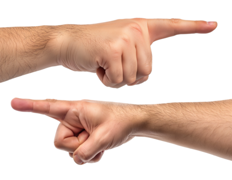 Set of man's hand pointing index finger, showing gesture, isolated on transparent background