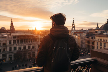 Young male traveler admiring the sunset from a high vantage point in an urban area - obrazy, fototapety, plakaty
