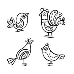Set of illustrations of various cute birds outline, vector