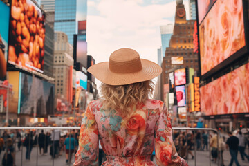 Obraz premium Female traveler in a hat admires the bustling ambiance of the big city