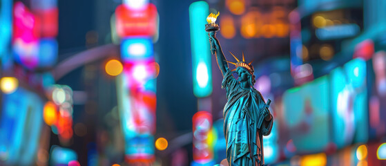 The Statue of Liberty holding a LED-lit torch, with a backdrop of electronic billboards displaying election results.