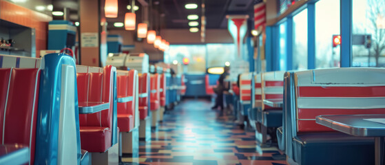 A classic American diner, with each booth representing a different state's electoral color, patrons casting votes on retro-futuristic machines. - obrazy, fototapety, plakaty