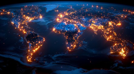 A representation of the world map, illuminated by lights. A digital and connected vibe, possibly representing globalization or internet connectivity. Global connection concept.