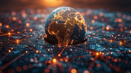 A globe with illuminated outlines of continents, placed on a surface that resembles a circuit board with glowing nodes, symbolizing global connectivity and the digital world