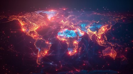 A representation of the world map, illuminated by lights and connections that could represent populated areas or global connectivity. Global connection concept. - 750639632