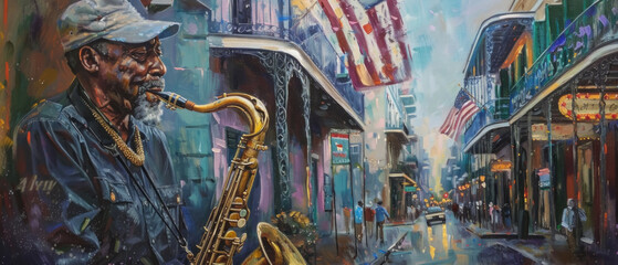 A jazz musician playing a saxophone on a street corner, with an American flag draped over a nearby balcony, blending culture and patriotism.