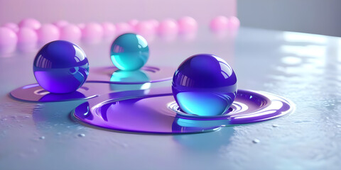 Three purple pastel balls rolling around circle on soft surface. Top view of spheres touching liquid material. 3D render animation. Seamless loop. - obrazy, fototapety, plakaty