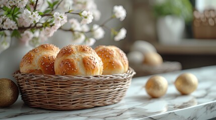 Easter background. Beautiful composition of Easter cake with multi-colored eggs and spring flowers on a delicate background. Spring holidays concept with copy space.