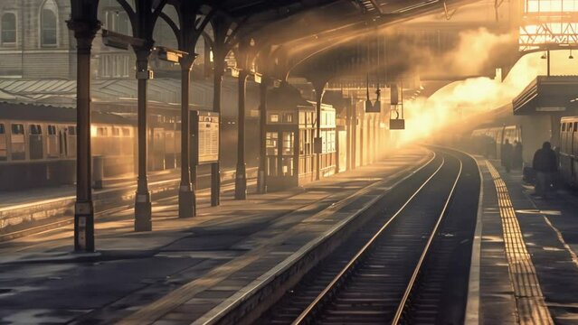 People wait for train at urban railway station. City subway transportation. Passengers on modern rail platform. Business travel concept. Underground journey. Early morning sunrise.