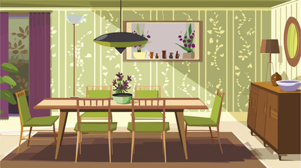 Mid century style dining room interior in brown bright