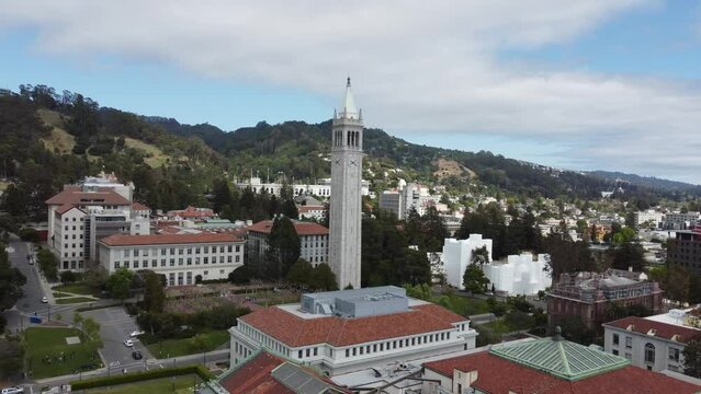 Aerial video of the UC Berkeley campus and Sather Tower. in the USA.