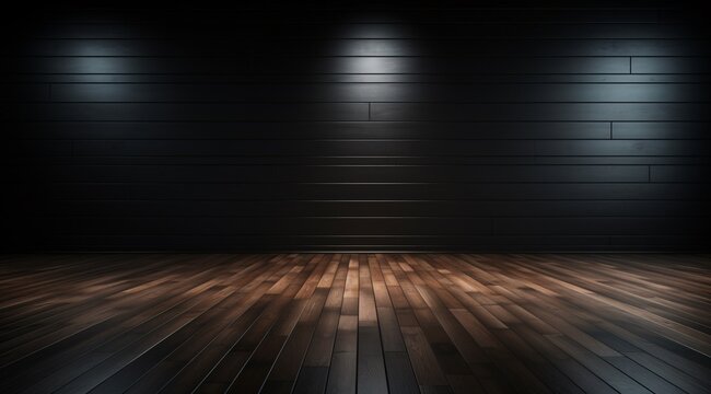 a dark room with wood floor and a spot light
