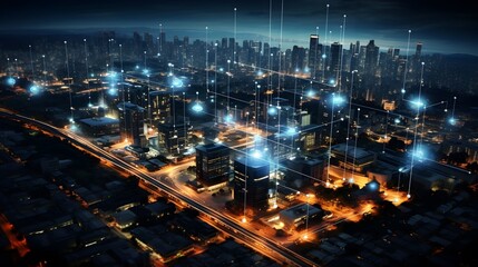 Fototapeta na wymiar Smart City Nightscape with Intertwined Networks