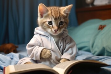 kitten in clothes, a robe, reading a book in a cozy bed. cute fluffy cat teaches lessons. pet education