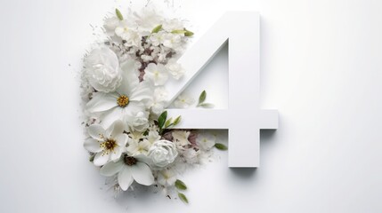 number 4 and flowers on a white background. birthday invitation card. spring and holiday.