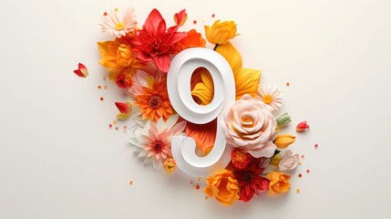 number 9 and orange flowers on a white background. birthday invitation card. spring and holiday.