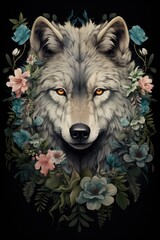 Watercolor painting of a wolf with flowers wreath. boho style. rustic and retro