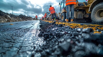 Road Construction Workers Building Infrastructure in Rain - obrazy, fototapety, plakaty