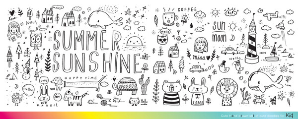 Collection of hand drawn cute doodles,Doodle children drawing,Sketch set of drawings in child style,Funny Doodle Hand Drawn,Page for coloring, cute animal