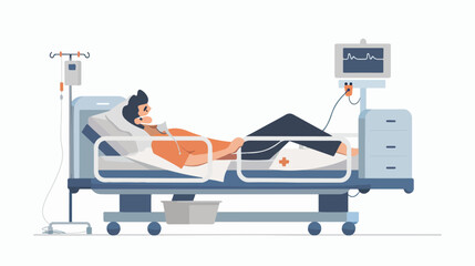 Patient lying in bed during intensivector therapy Flat vector - obrazy, fototapety, plakaty